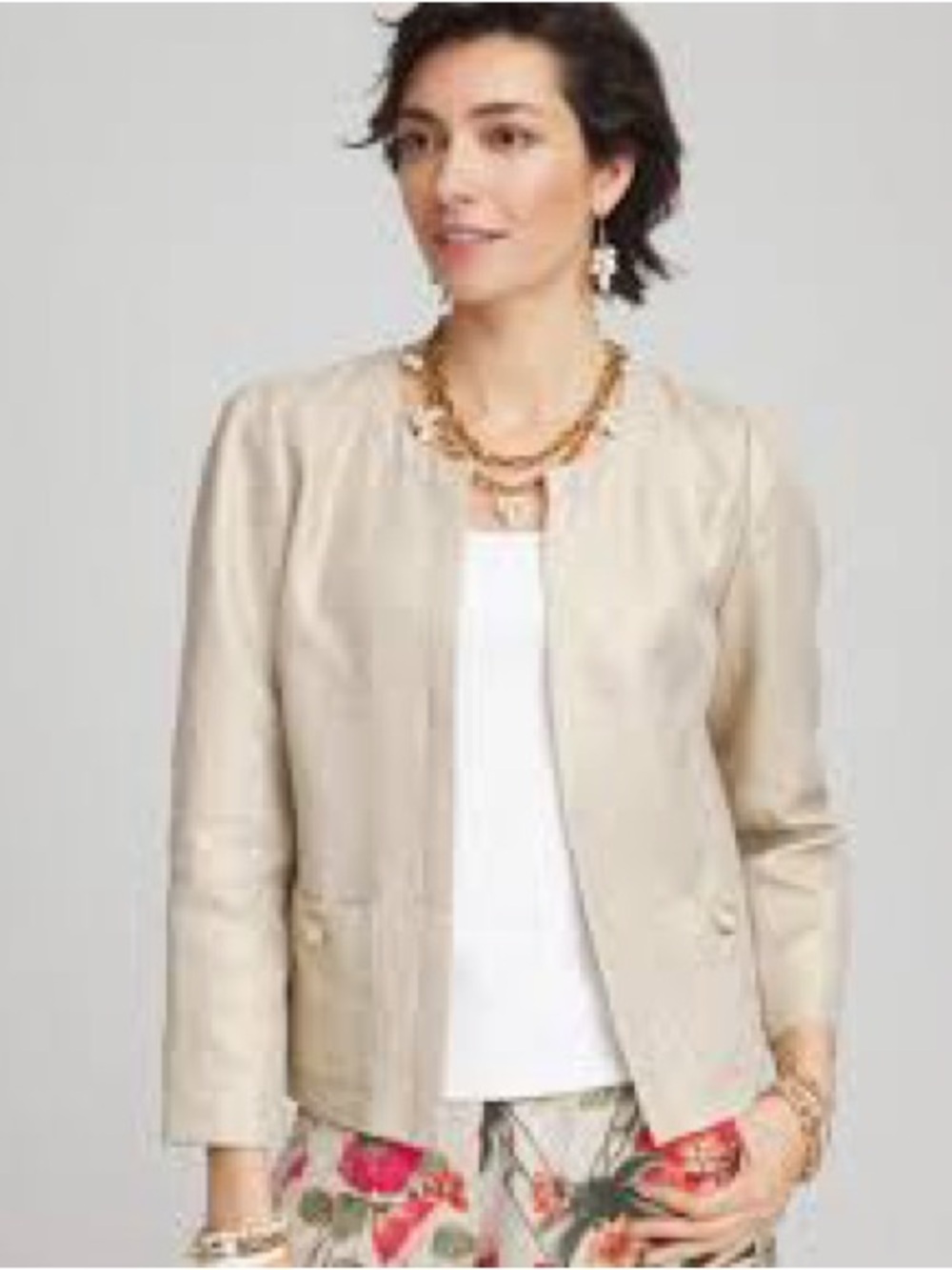 NEW Chico’s $140 Collarless Linen Blazer Oatmeal gold metallic large jacket NWT